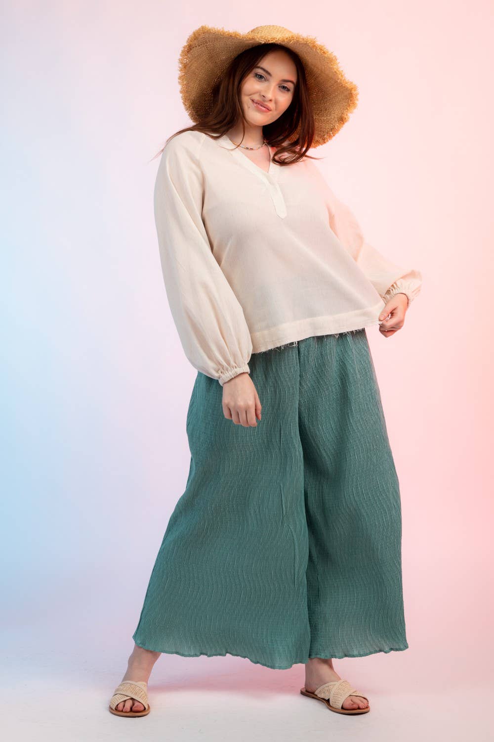 High Waist Crinkled Wide Leg Pants